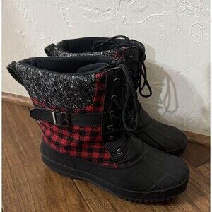 Torrid Duck Boots Womens Red Black Flannel Ankle Top Lace Up Buckle mismatched